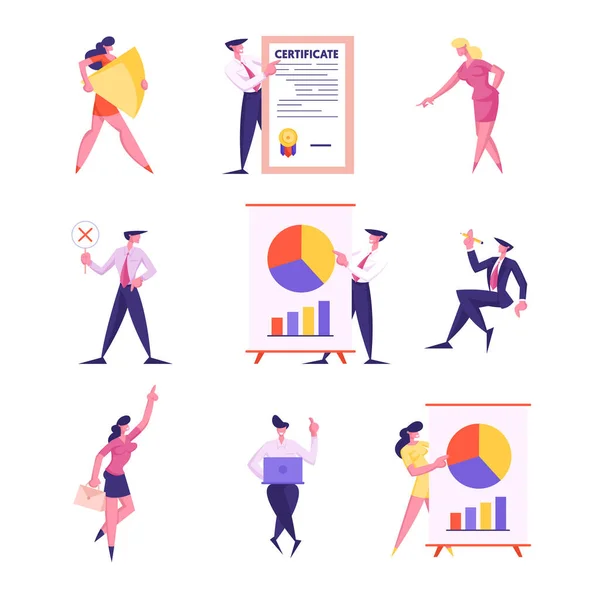 Set di Business Office routine e processo di lavoro, Presentazione con grafico a torta statistiche, Certificato di lavoro, Personaggi aziendali isolati su sfondo bianco Cartoon Flat Vector Illustrazione — Vettoriale Stock