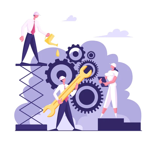 Business Characters in Hardhats Moving Huge Gear Mechanism Using Wrench and Oilcan. Woman Managing Cogwheel Process at Tablet. Working Routine and Teamwork Concept. Cartoon Flat Vector Illustration — Stock Vector