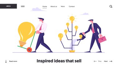 Fikirler, Yaratıcılık, Hasat Toplama Web Sitesi İniş Sayfası. Işıldayan Ampuller ile İşadamı Sulama Ağacı, Taşıma Lambası Web Sayfası Afişi. Çizgi film Düz Vektör İllüstrasyonu