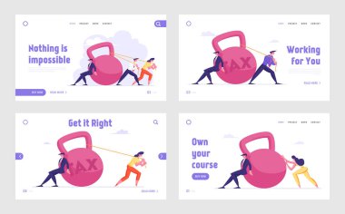 Vergi Ödemeleri, Banka Kredisi ve İpotek Sitesi İniş Sayfası Ayarları. İş adamları Koca Salağı Çekiyor. Vergi mükellefleri iflas, yoksulluk ve vergilendirme web sitesi bayrağı. Çizgi film Düz Vektör İllüstrasyonu