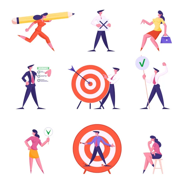 一组企业人士携带巨幅铅笔、手持横幅、保单服务、以弓箭相向、女性思考白色背景漫画中的孤立无援图解 — 图库矢量图片