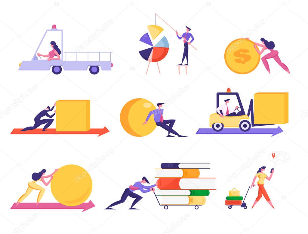 Set of Businesspeople Pushing Huge Geometric Figures, Set Up Pie Chart, Push Cart with Books Pile, Driving Forklift. Business Characters Isolated on White Background Cartoon Flat Vector Illustration