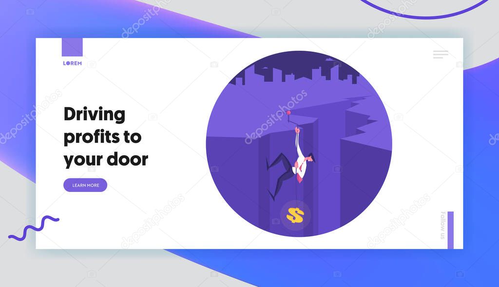 Leadership, Success, Goal Achievement Website Landing Page. Businessman Character Climbing Up of Deep Cleft by Rope with Dollar on End, Aiming to Top Web Page Banner. Cartoon Flat Vector Illustration