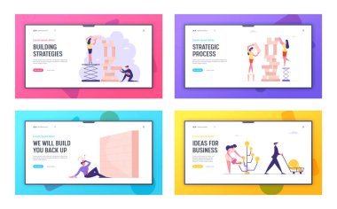 İş Stratejisi, Fikir Üretimi ve Kariyer Sitesi İniş Sayfasında Bariyer. İş adamları Ahşap Bloklar Yapıyor, Ampullü Sulama Ağacı Web Sayfası Afişi. Çizgi film Düz Vektör İllüstrasyonu