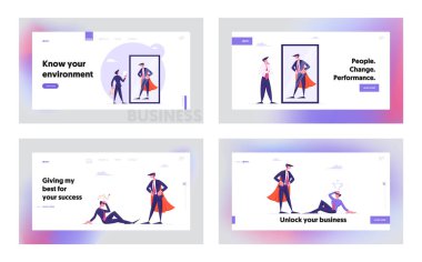 Dream, Kariyer Başarı Arzusu Web Sitesi İniş Sayfası Set. Yönetici Güçlü Süper Kahraman Olmayı Düşlüyor, En İyi Çalışan Finansal Hedefe Ulaşım Web Sayfası Afişi. Çizgi film Düz Vektör İllüstrasyonu