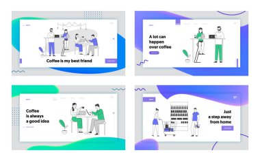 Müşteriler Eğlence Mekanı, Misafirperverlik Sitesi İniş Sayfası Seti 'nde. Erkekler ve Kadınlar Kafe 'de Bedava Karı İçen Kahve İçen, Sohbet Web Sayfası Afişi ile vakit geçirir. Çizgi film Düz Vektör İllüstrasyonu, Satır Sanatı