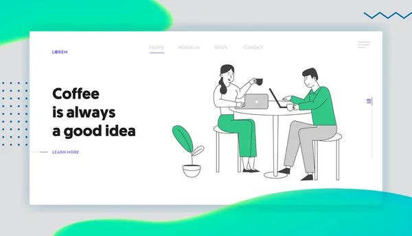 Молоді люди відвідують кафе та веб-сайт Landing Page. Персонажі сидять на столах, п'ють беверажі, працюють на лаптопі в сучасному ресторані веб-сторінки ресторану. Cartoon Flat Vector Illustration, Line Art — стоковий вектор