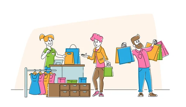 Junger Mann hält bunte Einkaufstüten am Schalter Enttäuscht von Freundin beim Einkaufen. Saisonverkauf, Discount, Shopaholic mit Einkäufen in Papierpackungen Cartoon Flat Vector Illustration Line Art — Stockvektor