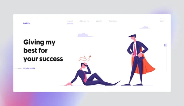 Don't Give, Never Stop Trying Website Переплутав Бізнесмена з Dizzy Head Sitting on Ground на сайті Super Hero Costume Web Page Banner. Cartoon Flat Vector Illustration — стоковий вектор