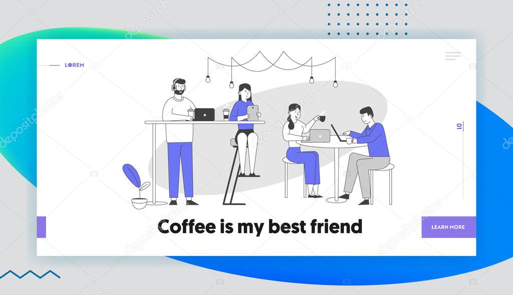 People Recreation Leisure Website Landing Page. Characters Sitting in Cafe, Chatting in Mobile Phone Using Wifi Internet, Drink Coffee Web Page Banner. Cartoon Flat Vector Illustration, Line Art