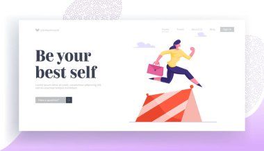 Başarılı İş Kadını İş Kadını Yarışması ve Liderlik Sitesi İniş Sayfası. Engelli Koşan İş Kadını Bariyer Web Sayfası Sancağının üzerinden atlıyor. Çizgi film Düz Vektör İllüstrasyonu