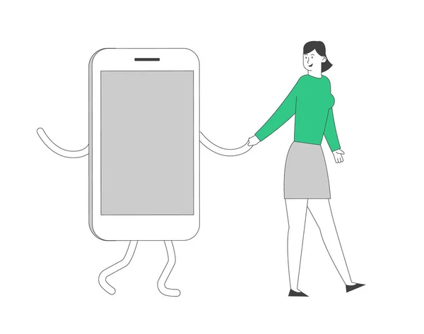Gadget och nätverkande missbruk koncept. Unga leende kvinna promenader tillsammans med stora Smartphone hand för hand. Tonåring Farliga Habit, Gadgetomania Tecknad platt vektor Illustration, Linjekonst — Stock vektor