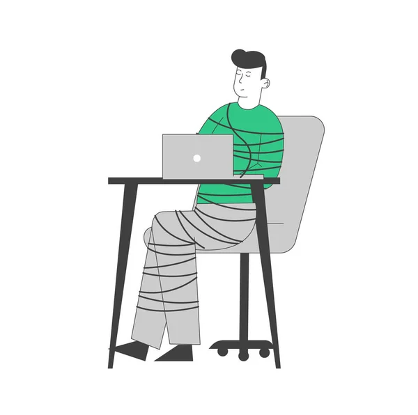 Młody człowiek związany liną siedzi przy biurku i pracuje na laptopie. Social Media i Gadżet koncepcja uzależnienia. Zależność od urządzeń inteligentnych, Nowoczesna ilustracja wektora płaskich kreskówek społeczności, Sztuka linii — Wektor stockowy
