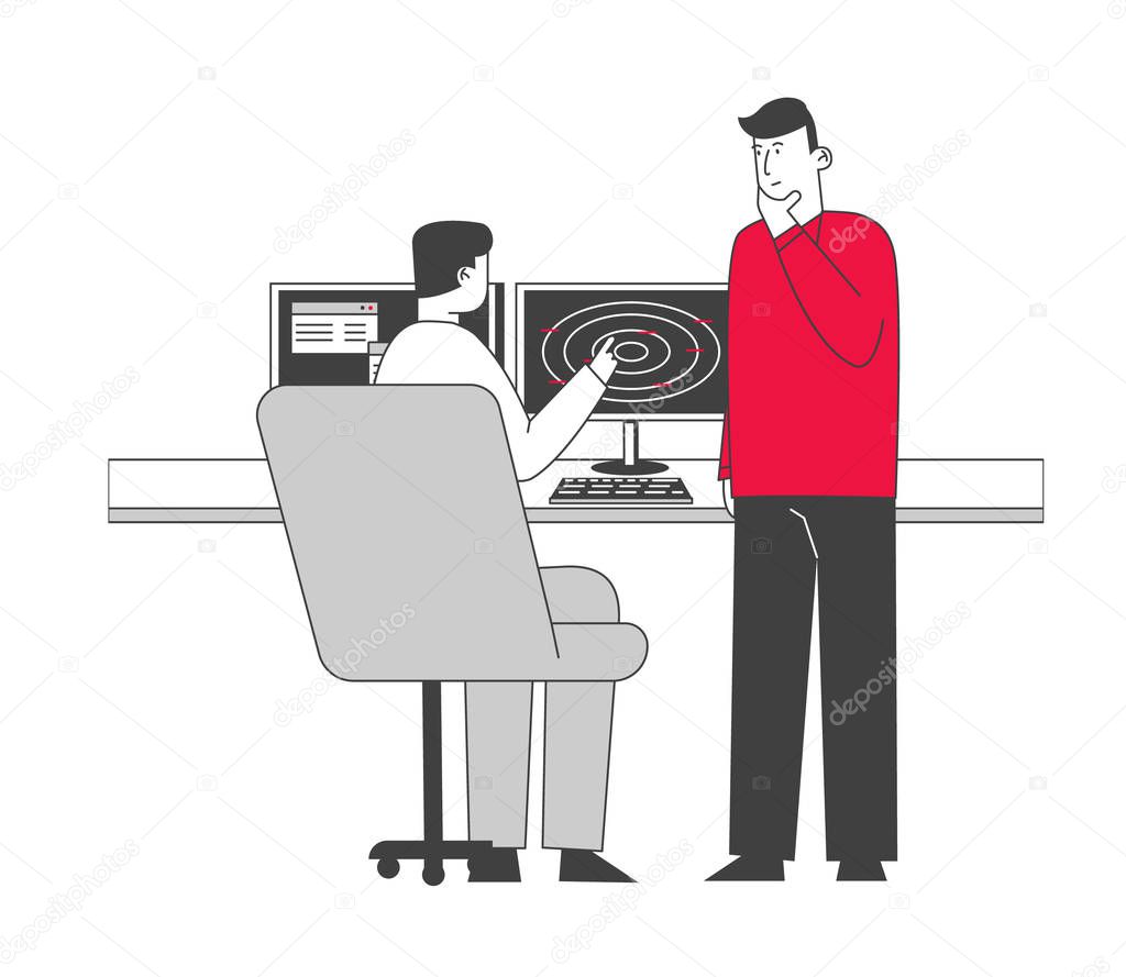 Air Controller Pointing on Radar with Red Indicators Performing Flying Airplanes Explain Working Situation to Boss. Aircraft Profession, Aviation Workers Cartoon Flat Vector Illustration, Line Art
