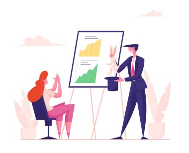 İş Adamı Tavşanı Topper Hat 'tan Çekiyor İş Kadınına Numarayı Gösteriyor Veri Tablolarıyla Klipslerin önünde oturuyor. Pazarlama hilesi, yönetim becerisi konsepti. Çizgi film Düz Vektör İllüstrasyonu