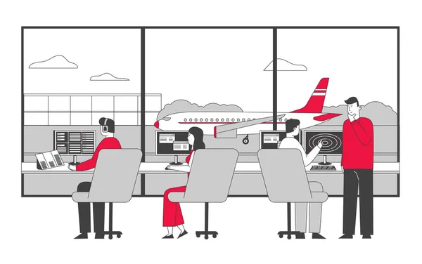 Fluglotsen-Team arbeitet mit Flugzeug auf Landebahn Männliche und weibliche Charaktere, die ein Headset tragen, sitzen in einem speziellen Bereich mit Radar und Monitoren, die Flugzeuge steuern. — Stockvektor