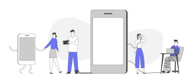 Sosyal medya bağımlılığı konsepti. Akıllı telefonlar ve Gadget 'larla Zıplayan Karakterler, Metal Zincirle Bağlı Kadın Cep Telefonu, İnternet Bağımlı İnsanlar. Çizgi film Düz Vektör İllüstrasyonu, Satır Sanatı