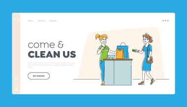 Giyim mağazası web sitesi iniş sayfasından alışveriş. Çantalarda Malları Olan Kız Müşteri Kasiyer Masasında Kredi Kartları Web Sayfası Banner 'dan Satın Alım Ödeme. Çizgi film Düz Vektör İllüstrasyonu, Satır Sanatı