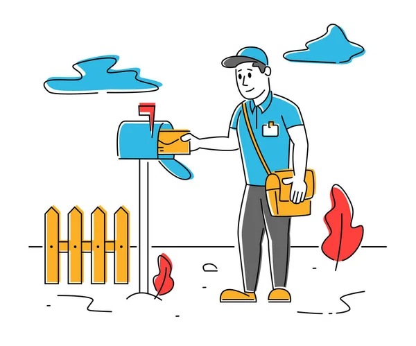 Man Postman with Bag on Shoulder Put Letter in Mail Box on Countryside Background Mailman Character Post Office Employee Delivering Mail to People Cartoon Flat Vector Illustration, Line Art — стоковий вектор