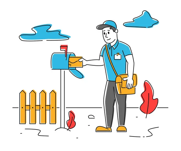 Mann Postbote mit Tasche auf der Schulter legte Brief in Briefkasten auf dem Land Hintergrund. Briefträger Buchstabe Postangestellter, der Postsendungen an Leute liefert. Cartoon Flat Vector Illustration, Linienkunst — Stockvektor