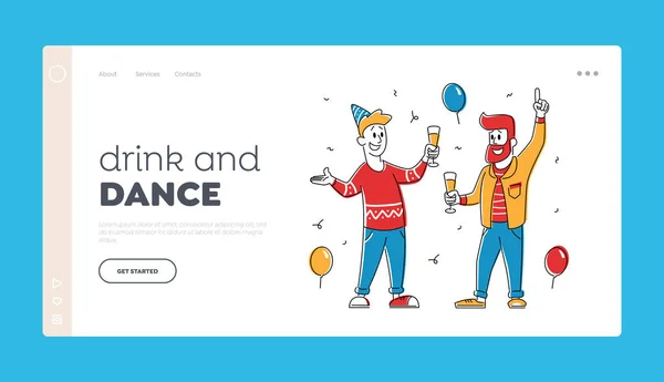 Geburtstagsparty oder Festliche Veranstaltung Website Landing Page. Männer, die Gläser mit Champagner in der Hand halten, feiern das Feiertagsgetränk Alkohol und kommunizieren mit dem Banner der Webseite. Cartoon Flat Vector Illustration, Linienkunst — Stockvektor