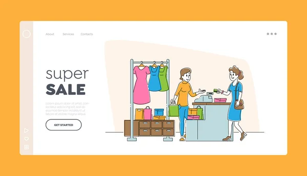 쇼핑 시간 웹 사이트 착륙 페이지. 2010 년 12 월 9 일에 확인 함 . Woman Paying with Credit Card at Counter Desk in Store Buying Garment in Apparel Boutique in Mall Web Page Banner. Cartoon Flat Vector Illustration, Line Art — 스톡 벡터