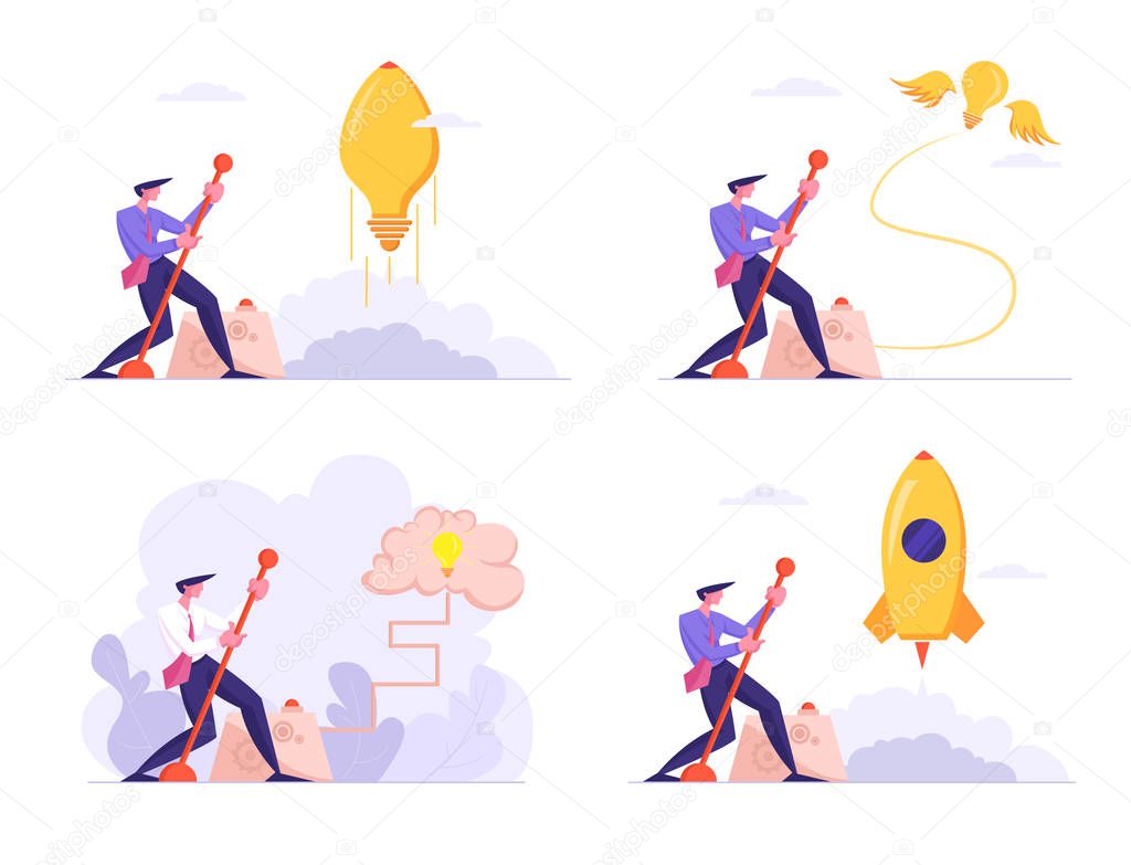 Set Businessman Launch Huge Light Bulb, Rocket and Brain Moving Lever Arm, Business Project Startup. Financial Idea Strategy Realization Success and Searching Solution Cartoon Flat Vector Illustration