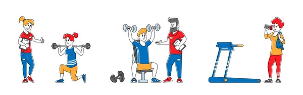 Les gens s'entraînent en salle de gym avec Coach Help. Personnages dans l'entraînement d'usure sportive avec poids et haltères. Entraînement abdominal, Cartoon Flat Vector Illustration, Entraînement abdominal, Exercices concernant la course, Sport — Image vectorielle