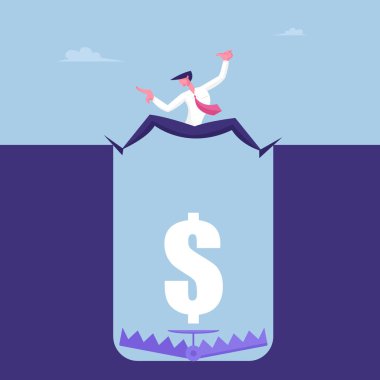 Korkak İşadamı Deep Hole 'un yukarısında Tuzak ve Altında Dolar ile duruyor. Krizde İş Adamı Karakteri Hayatta Kaldı, Müşteri Bankasından Borç İsteği, Şüpheli İşlem. Çizgi film Vektör İllüstrasyonu