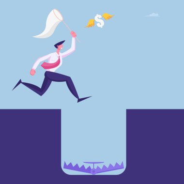 Resmi Takım Elbiseli İşadamı Dipteki Tuzağı Görmezden Gelen Dolarla Uçan Doları Yakalıyor. Dikkatsiz İşadamı Karakteri Sorun Cehalet, Araştırma Çözümü. Çizgi film Düz Vektör İllüstrasyonu