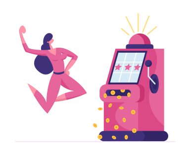 Mutlu Kadın Karakter Kumarhanede Tek Kollu Haydut 'ta Büyük ikramiye kazandı. Şanslı Oyuncu Zıplıyor ve Eller Yukarı Seviniyor. Las Vegas Gece Hayatı İş Endüstrisi. Çizgi film Vektör İllüstrasyonu