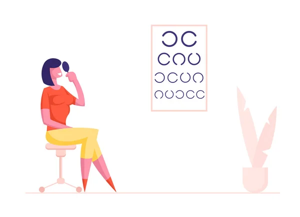 Postup kontroly zraku na klinice. Ženská postava Podívejte se na zkušební diagram pro Vision Checkup. Pacient v Oculist Office Profesionální oční optik vyšetření pro léčbu zraku. Cartoon Vector Illustration — Stockový vektor