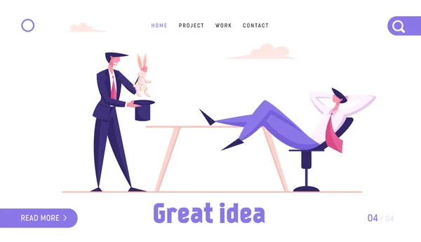 Szablon Business Trick Landing Page. Biznesmen Wykonaj Rozrywka Wyciągnij Królika z Cylinder Hat Show Umiejętności do Inwestora Siedząc z Nogami na biurku. Ilustracja wektor ludzi z kreskówek — Wektor stockowy