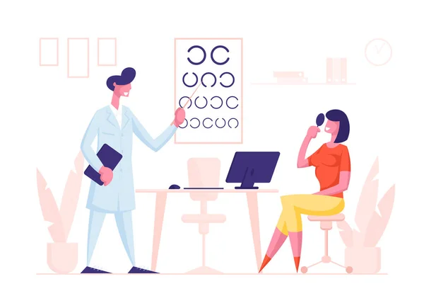 Ögonläkare Läkare Karaktärskontroll Synförmåga för glasögon Diopter till kvinna. Oculist med Pointer Checkup Eye Sight. Professionell Optiker Tentamen Patient Vision. Tecknad människor vektor Illustration — Stock vektor