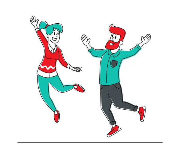 Happy People Jumping on White Background. Young Joyful Man and Woman Characters Jump and Dancing with Raised Hands. Happiness, Freedom, Motion and Motivational Concept. Linear Vector Illustration