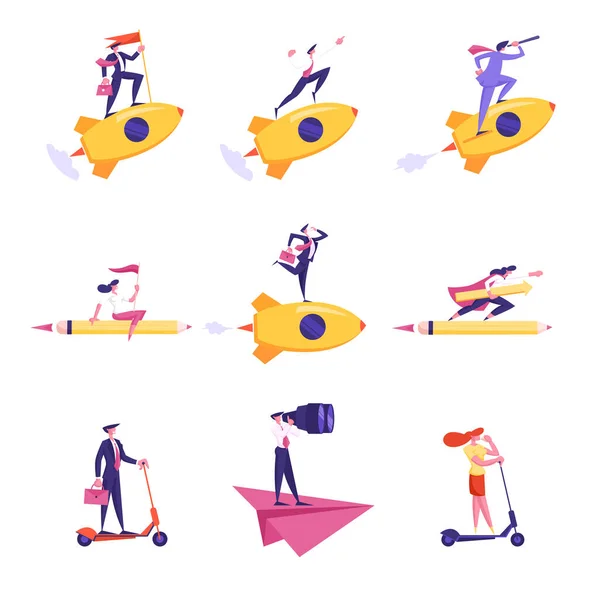 Set of Business People Characters Flying on Rocket, Paper Airplane and Huge Pencil Look in Spyglass and Binoculars, Hold Flag, Riding Scooter Isolated on White (dalam bahasa Inggris). Ilustrasi Vektor Kartun, Seni Klip - Stok Vektor