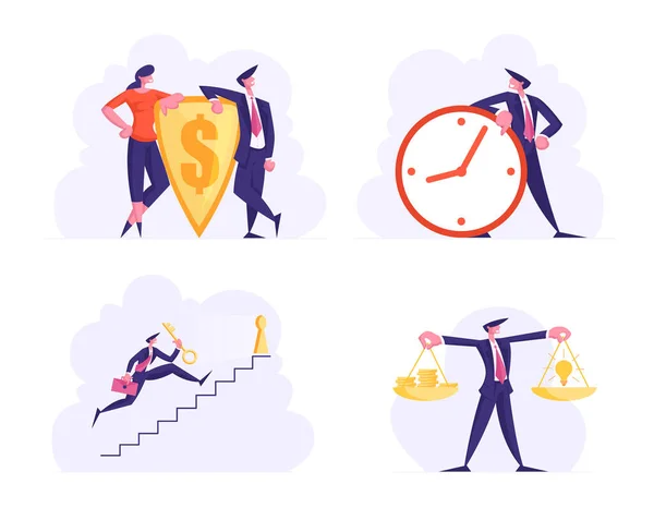 Conjunto de gente de negocios con enorme escudo de oro y reloj despertador, hombre de negocios corriendo arriba con la llave y escalas de retención. Personajes de dibujos animados aislados sobre fondo blanco. Ilustración vectorial, Clip Art — Vector de stock