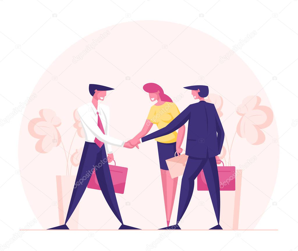 Business People Characters Stand Together with Joined Arms. Businessmen and Businesswomen Joyful Managers Team, Creative Perfect Teamworking Group Office Employees. Cartoon Vector Illustration