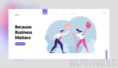 Business People Fighting Page Şablonu. Ofis Kadını ve Adam birbirlerine poşetlerle vuruyorlar. Menajer İş Karakterleri Savaş ya da Meydan Okuma, Haksız Dövüş. Çizgi film İnsanları Vektör İllüstrasyonu