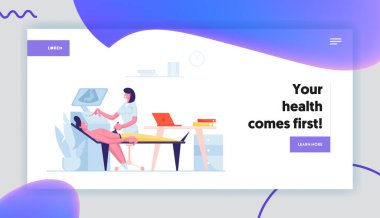 Sağlık, Medicine Landing Page Şablonu. Kadın Doktor Tarayıcı Adam Mide ve Ultrason Tanı Makinesi. Hasta Karakteri Odadaki Koltukta Yatıyor. Çizgi film İnsanları Vektör İllüstrasyonu