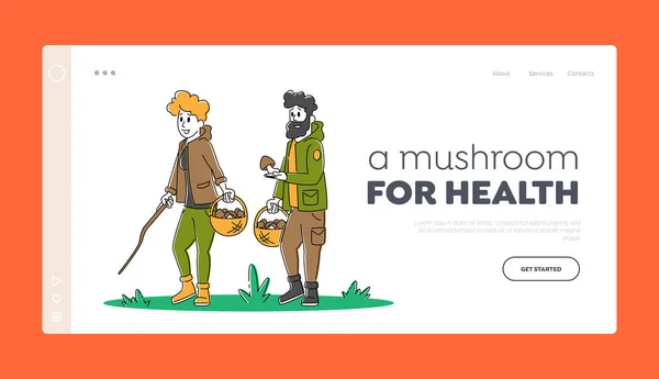 Young Couple Having Rest on Nature, Outdoor Activity Landing Page Template. Man and Woman Mushroomers Pick Up Mushrooms in Forest. People Characters Relaxing in Countryside. Linear Vector Illustration — Stock Vector