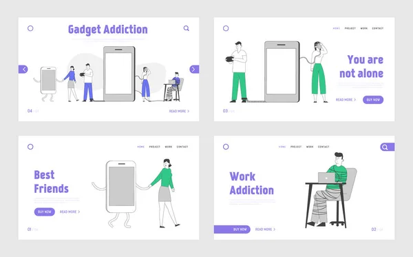 Conjunto de plantillas de página de aterrizaje para personas adictas a Internet y Gadget. Personajes femeninos masculinos acotados con smartphones y dispositivos inteligentes. Mujer atada con cadena al teléfono móvil. Ilustración de vectores lineales — Archivo Imágenes Vectoriales