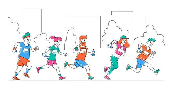 Groupe de personnes Courir Ville Marathon Distance dans la rangée. Tournoi de compétition de sport et de jogging. Athlète Sprinter Sportsmen and Sportswomen Characters Run Sprint Race. Illustration vectorielle linéaire — Image vectorielle