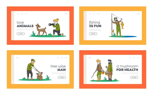 Menschen im Freien Aktive Erholung Landing Page Template Set. Männliche weibliche Charaktere Freizeit. Männer und Frauen entspannen sich, angeln, fotografieren, Pilze sammeln, campen. Lineare Vektorillustration — Stockvektor