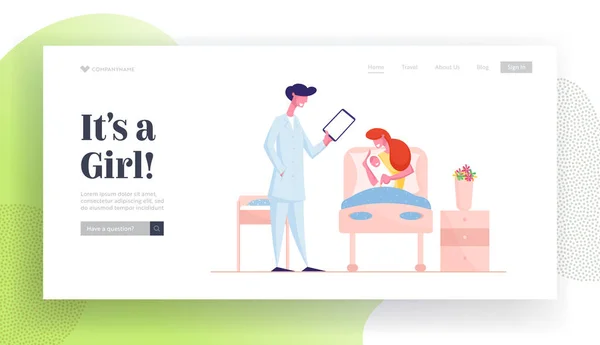 Modèle de page d'atterrissage de maternité Happy Woman Character Holding Newborn Child Lying in Bed at Delivery Hospital Chamber Listening Doctor Recommendations, Mom and Kid. Illustration vectorielle des personnages de bande dessinée — Image vectorielle