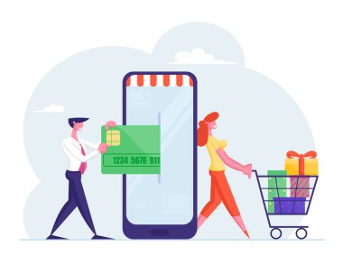Çevrimiçi Alışveriş Konsepti. Kredi Kartıyla Müşteri Karakterleri ve Büyük Gadget Ekranı 'ndan Trolley Alım Ürünleri. Dijital Pazarlama, Satın Alma, İnternet Mağazası. Çizgi film İnsanları Vektör İllüstrasyonu