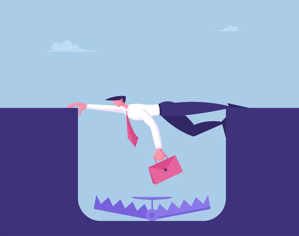 Zakenman Karakter overleven in een crisis, faillissement Concept. Bang Zakenman Karakter Hangend boven Deep Hole met Trap on Bottom. Bank Demand Debt van Client. Cartoon Vector Illustratie — Stockvector