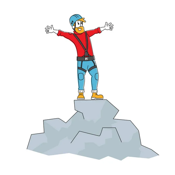 Happy Man Bergsklättrare karaktär i specialutrustning och hjälm stå på toppen av berget. Vandring aktiv livsstil, Trekking i bergen eller kullar, Backpacking aktivitet. Linjär vektorillustration — Stock vektor
