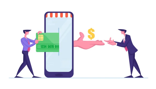 Personas que interactúan con el teléfono móvil para comprar cosas usando pago sin efectivo. Hombre de Negocios Personaje Pon Tarjeta de Crédito en Smartphone para Compras Online o Comercio Electrónico. Ilustración de vectores de dibujos animados — Archivo Imágenes Vectoriales