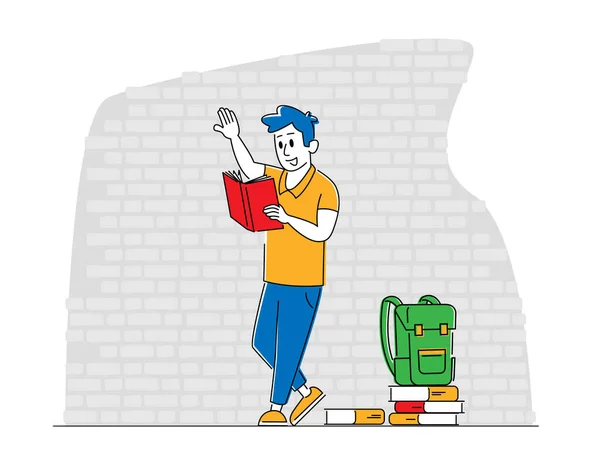 교육, 지식 개념을 얻는 것. 젊은 학생 문자는 교과서와 책가방을 가지고 대학교나 대학 건물 벽면에 놓여 있는 시험 준비를 한다. 선형 벡터 일러스트 — 스톡 벡터